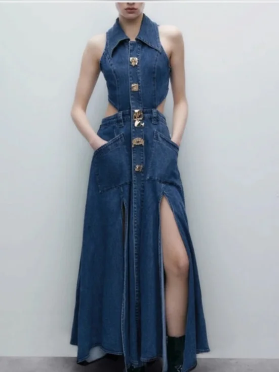 Urban Revivo | Cut-Out Sleeveless Denim Maxi Dress | Deep Blue Wash | Y2K - Picture 2 of 5